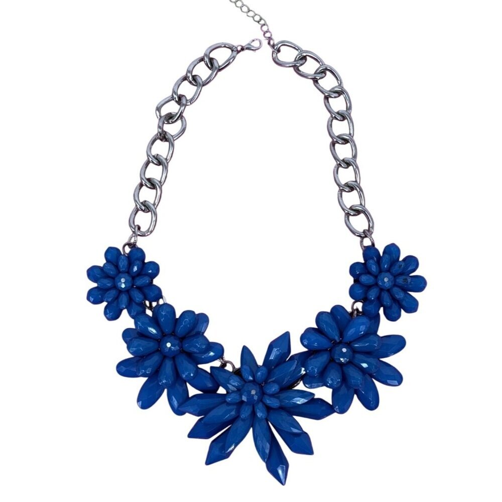 Chunky Silver Chain Necklace With Blue Floral Beads & Adjustable Clasp